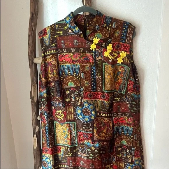 Vintage OOAK Cotton Patchwork Cotton Cheongsam Sleeveless Midi Dress - Picture 3 of 8